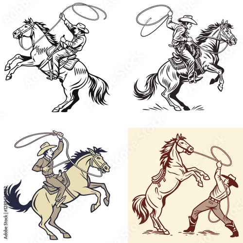 a cowboy bucking horse lassoing  vintage retro vector