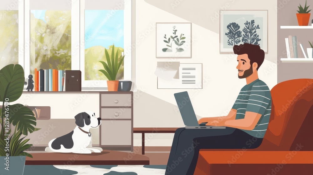 Person working from home on laptop with dog nearby Person working from home on laptop with dog nearby