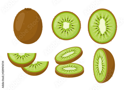 Set of fresh tropical Kiwi fruit icons. Whole and half kiwi and pieces. Organic fruits for juice, smoothie or vitamin healthy food. Vector icon illustration isolated on white background.
