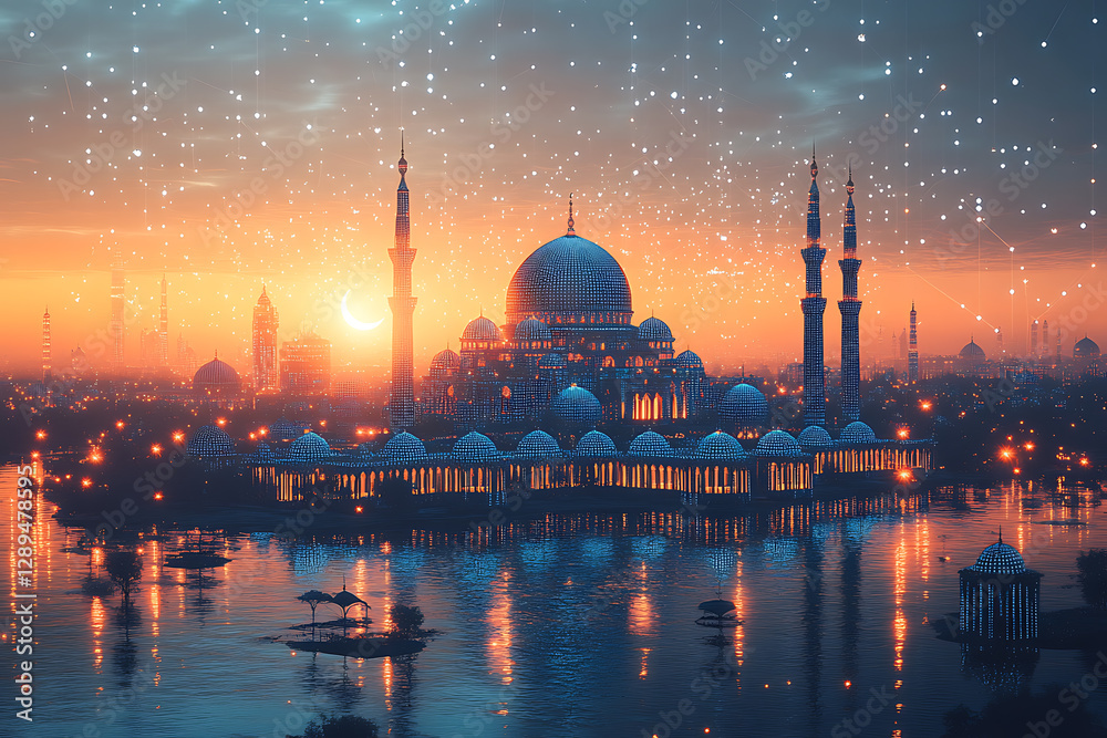 Fototapeta premium An abstract digital background representing Ramadan, highlighted by connecting blue and black data points.