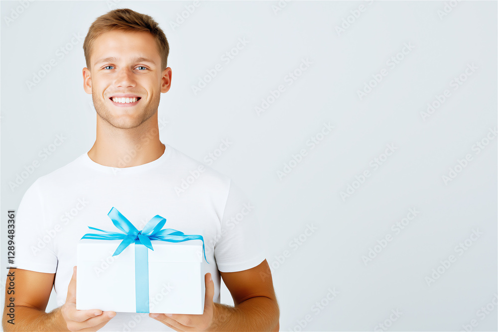 A cheerful man presenting a wrapped gift with a blue ribbon against a light blue background. A perfect visual for gift-giving occasions, birthdays, or promotions. A cheerful man presenting a wrapped gift with a blue ribbon against a light blue background. A perfect visual for gift-giving occasions, birthdays, or promotions.