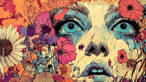 A woman's face is drawn in a flowery background