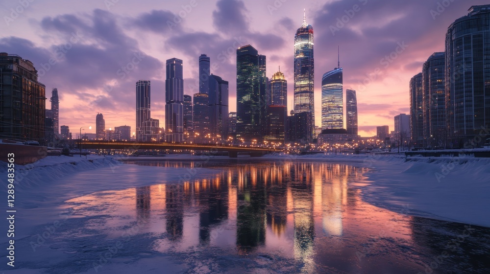 Fototapeta premium A modern cityscape at dusk, where illuminated skyscrapers reflect beautifully on a frozen river, capturing the quiet elegance of winter.