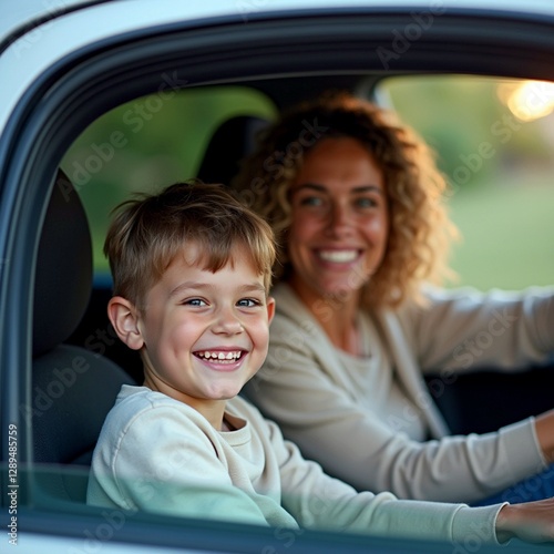 mother and son driving car
