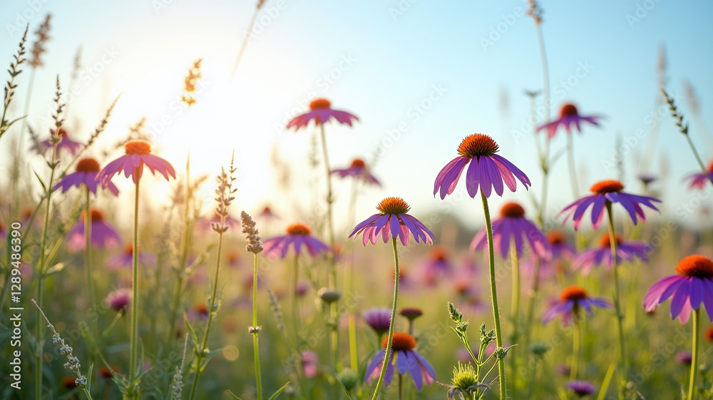 Coneflowers adding splashes of color to a prairie landscape Coneflowers adding splashes of color to a prairie landscape