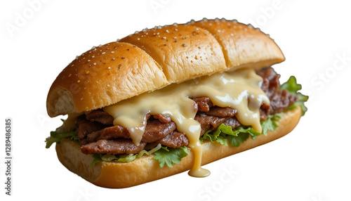 hamburger on white
sliced beef steak, with no lettuce, tomato, or onion. The roll is topped with melted cheese sauce and mayonnaise