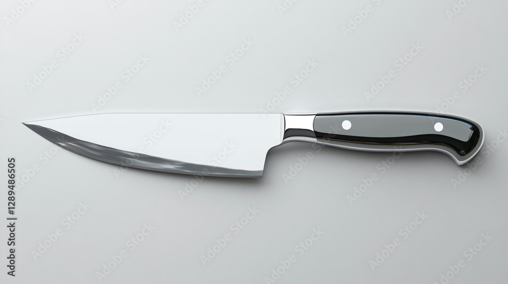 Stainless steel chef knife with a black handle on a light gray background
Stainless steel chef knife with a black handle on a light gray background