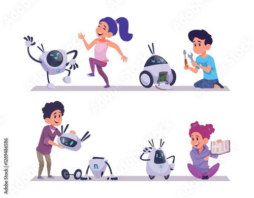 Kids ant robots. Smart androids for kids chatbot education for kids exact vector cartoon illustrations