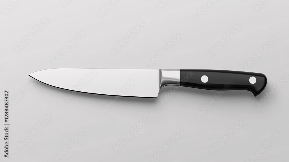 sleek stainless steel chef knife with black handle on a light gray background
sleek stainless steel chef knife with black handle on a light gray background