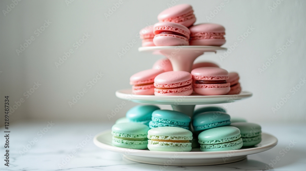 Fototapeta premium A tiered stand holding colorful macarons in shades of pink, blue, and green