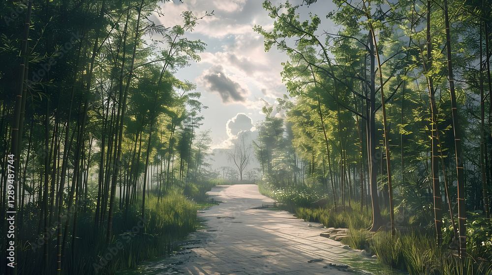 Obraz premium Scenic Pathway Through a Tranquil Bamboo Forest with Soft Light