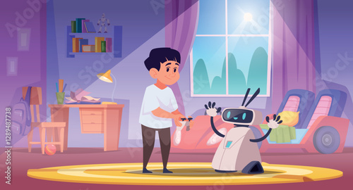 Androids and kids. Chatbots and different robots for kids education exact vector smart conceptual background