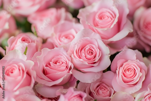 .A tightly packed arrangement of fresh pink roses in full bloom, their velvety petals layered in a mesmerizing spiral pattern.