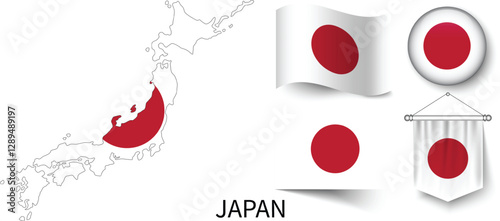 The different designs of Japan's national flags and the map showing Japan's borders