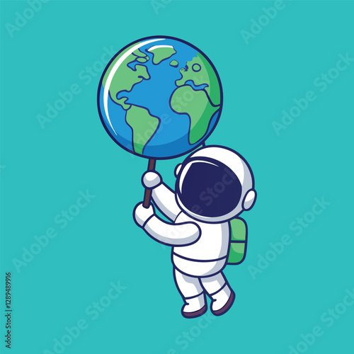 Cute Astronaut Floating with Earth World Balloon Cartoon Icon Illustration