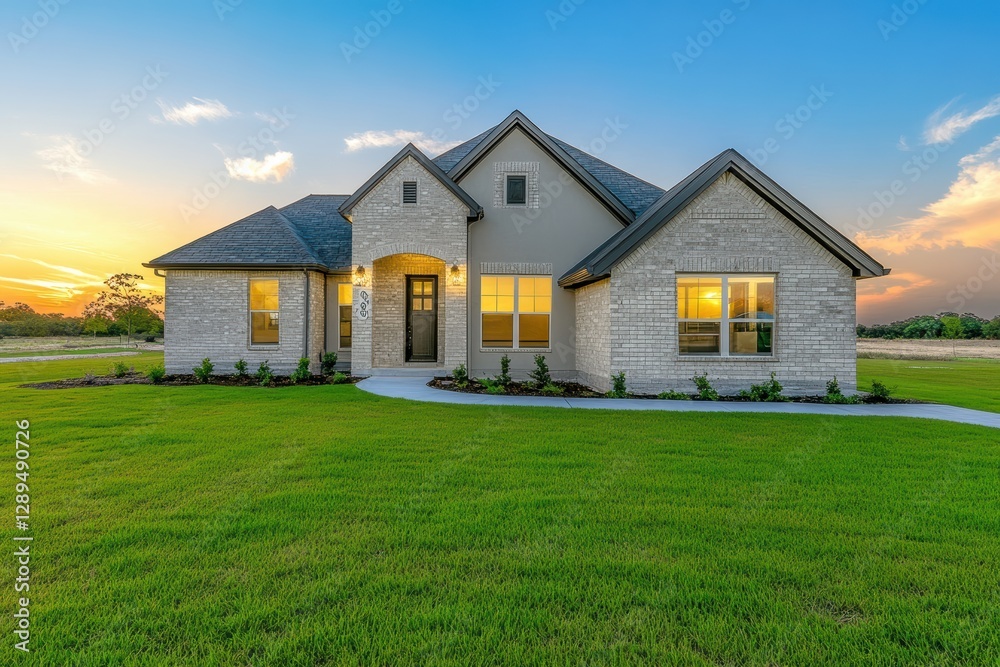 Obraz premium Front view of a newly built home with vibrant sunset and spacious lawn