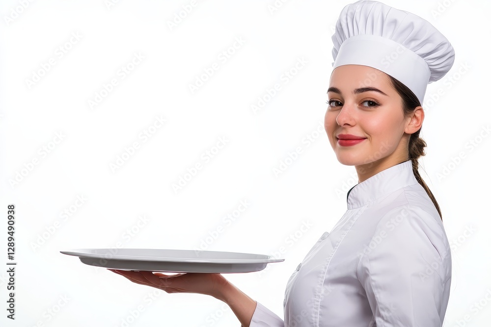 Professional Chef Showcasing Culinary Art - A smiling chef in a white uniform and hat presents a plate, ready to serve fresh dishes in a clean, bright setting Professional Chef Showcasing Culinary Art - A smiling chef in a white uniform and hat presents a plate, ready to serve fresh dishes in a clean, bright setting