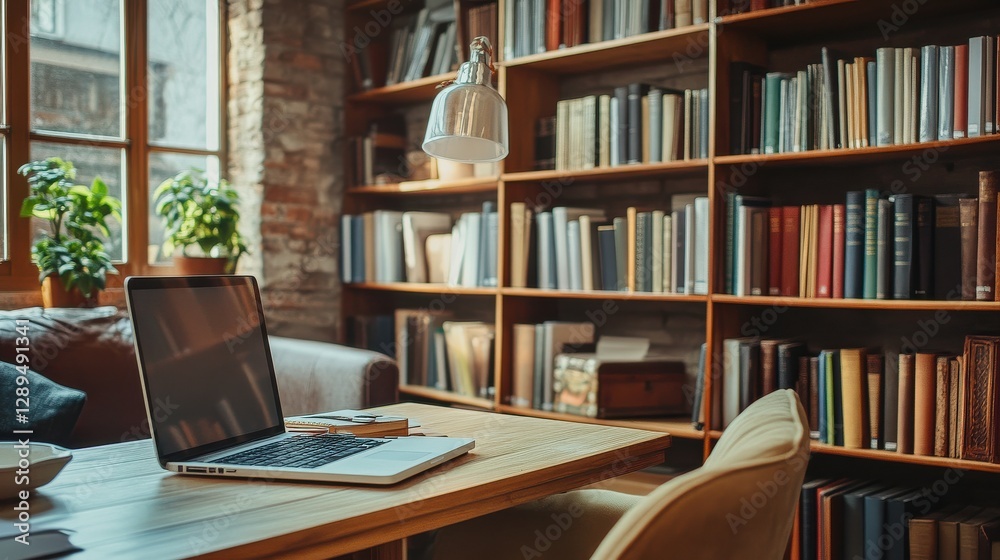 Home office with bookshelves laptop and modern deco Home office with bookshelves laptop and modern deco