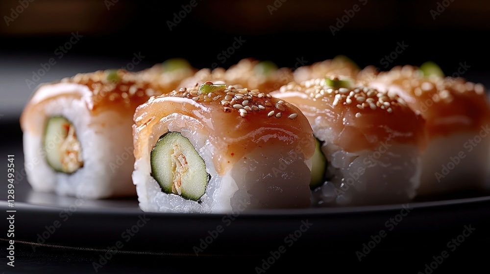 Delicious salmon sushi rolls, sesame seeds, dark background, restaurant menu Delicious salmon sushi rolls, sesame seeds, dark background, restaurant menu