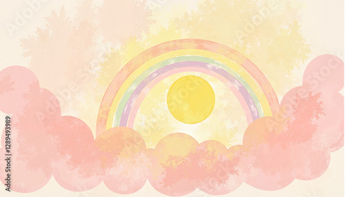 Serene sun shining through pastel clouds, calming rainbow dreamscape
