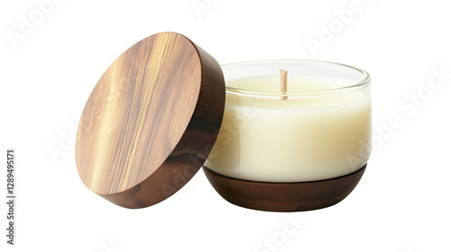 Luxury scented candle in a glass jar with wooden lid, home fragrance and relaxation theme, isolated on a white background