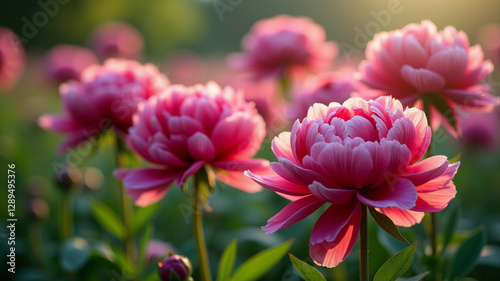 Peonies displaying their rich, deep hues in a garden bed photo