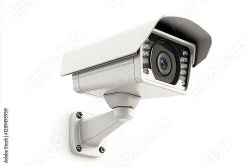 Security Camera with White Background - A modern surveillance camera mounted on a wall symbolizing safety, monitoring, technology, vigilance, protection