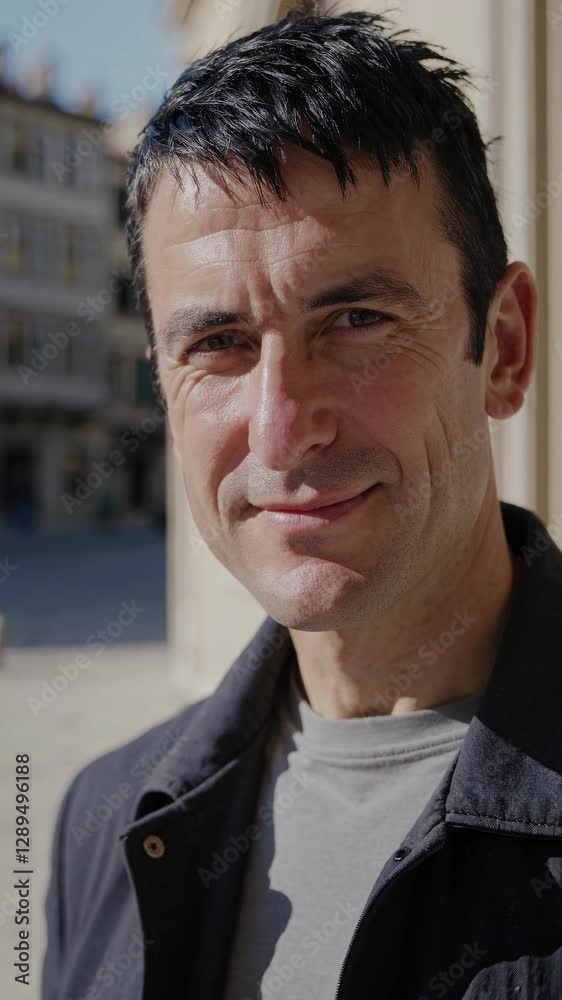 Confident male transitioning through range of authentic facial expressions, revealing emotional nuances within urban streetscape during bright daytime moment Confident male transitioning through range of authentic facial expressions, revealing emotional nuances within urban streetscape during bright daytime moment