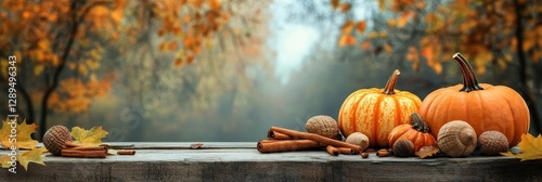 Autumn Still Life with Pumpkins and Spices in a Soft Fall Forest Background. Orange and Yellow