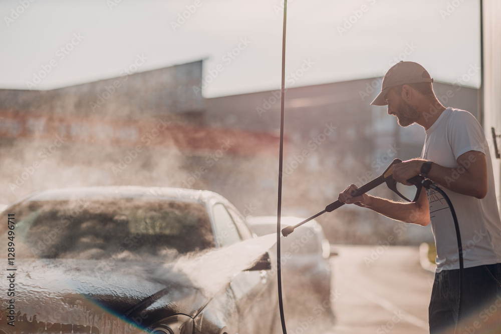 Worker man driver washing car at self service car wash