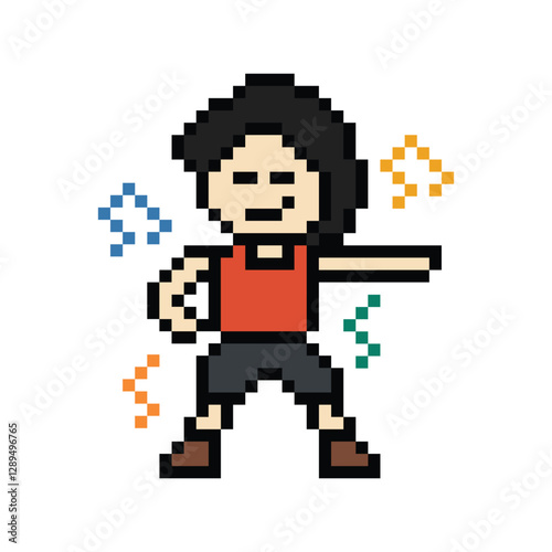 Cute cartoon pixel character cute man exercises training aerobic dance lifestyle music decoration life style 8 bit male boy dance with music game 8bit fitness isolated PNG vector.