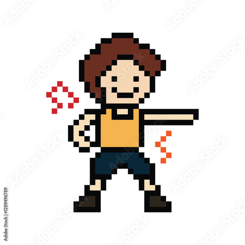 Cute cartoon pixel character cute man exercises training aerobic dance lifestyle music decoration life style 8 bit male boy dance with music game 8bit fitness isolated PNG vector.