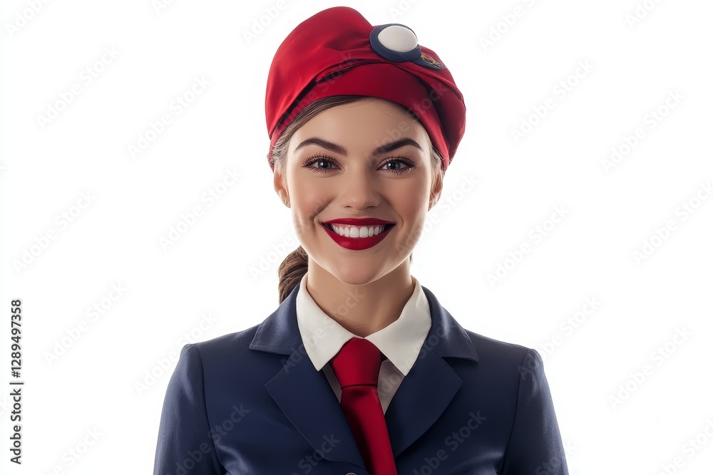 Smiling Female Flight Attendant with Red Hat - A cheerful flight attendant showcases a bright smile in uniform, embodying professionalism, approachability, hospitality, travel, and service Smiling Female Flight Attendant with Red Hat - A cheerful flight attendant showcases a bright smile in uniform, embodying professionalism, approachability, hospitality, travel, and service