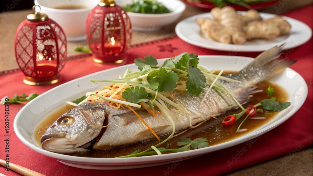Steamed Whole Fish with Ginger and Scallions on Festive Table Steamed Whole Fish with Ginger and Scallions on Festive Table