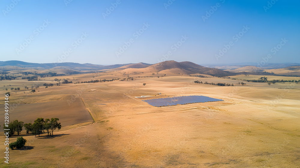 An aerial view of an extensive solar array in a rural landscape under a clear blue sky.