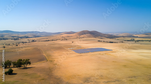 Obraz na płótnie An aerial view of an extensive solar array in a rural landscape under a clear blue sky. w salonie