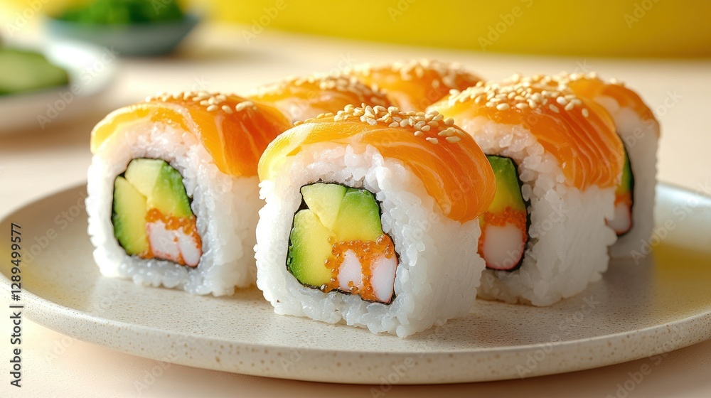 Delicious sushi rolls, sesame, soy glaze, restaurant setting, food photography Delicious sushi rolls, sesame, soy glaze, restaurant setting, food photography