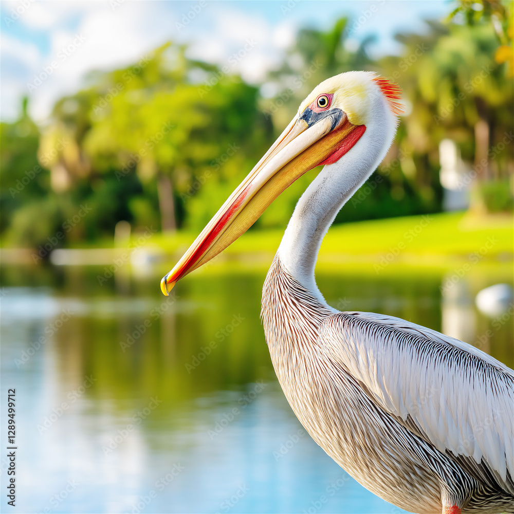 A graceful pelican walking near a peaceful river, surrounded by lush green foliage. The image reflects tranquility, nature, and serene beauty in a natural environment. A graceful pelican walking near a peaceful river, surrounded by lush green foliage. The image reflects tranquility, nature, and serene beauty in a natural environment.