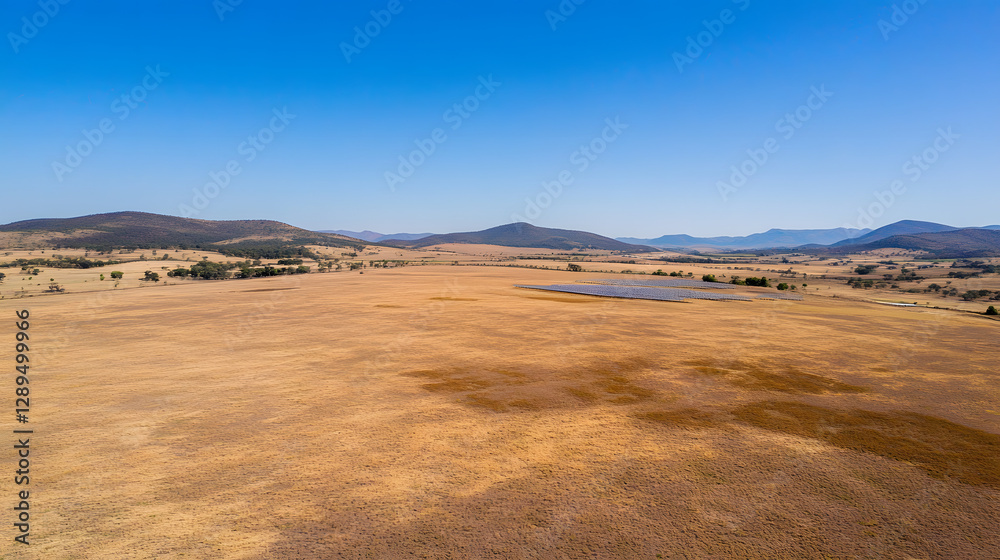 An aerial view of an extensive solar array in a rural landscape under a clear blue sky.