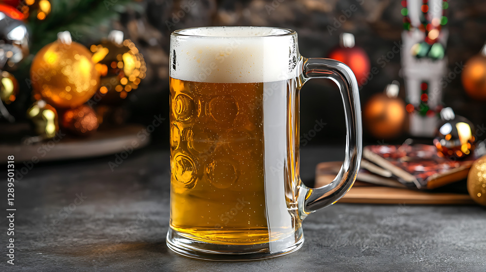 A glass of beer is on a table with a bunch of Christmas ornaments. generated using AI A glass of beer is on a table with a bunch of Christmas ornaments. generated using AI