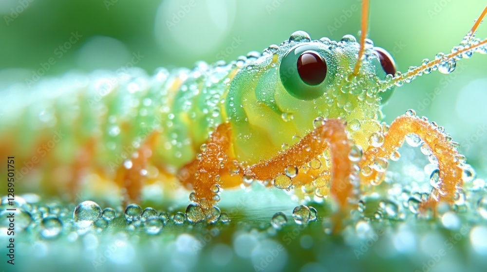 Naklejka premium Dew-Covered Caterpillar, Closeup, Green Leaf, Nature, Macro