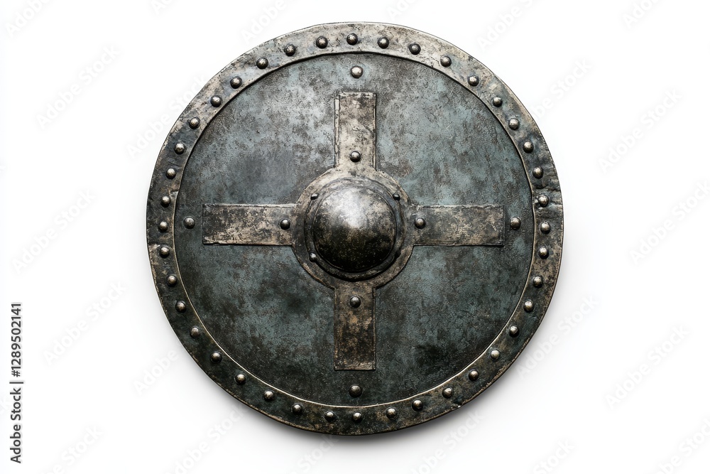 Obraz premium Vintage Metal Shield with Center Boss and Cross Design - This vintage metal shield features a central boss and cross design, showcasing intricate details and a weathered finish