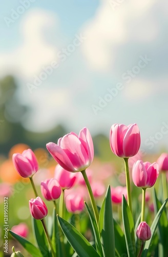 Spring concept. Spring banner hello spring with tulips, beginning of spring