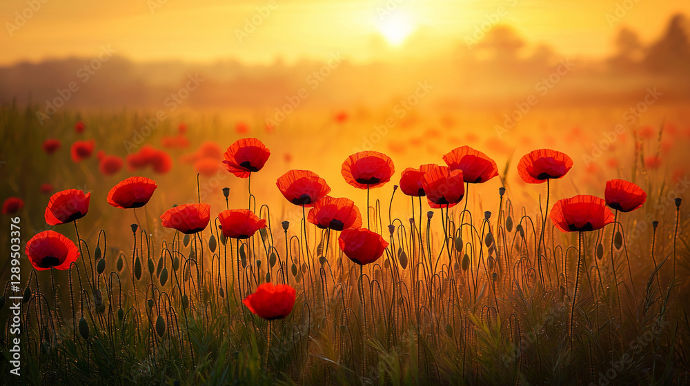 Obraz premium Red poppy field at sunset symbolizing remembrance and peace