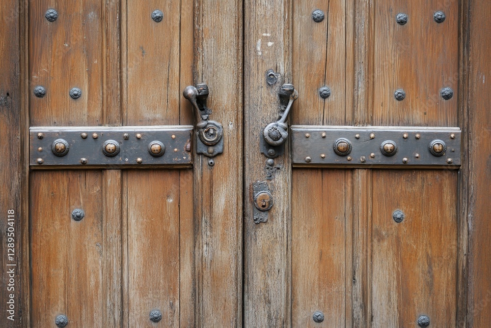 Weathered Wooden Double Door with Metal Accents - This features a rustic double door made of weathered wood, adorned with metal accents and intricate hardware, symbolizing strength, protection Weathered Wooden Double Door with Metal Accents - This features a rustic double door made of weathered wood, adorned with metal accents and intricate hardware, symbolizing strength, protection