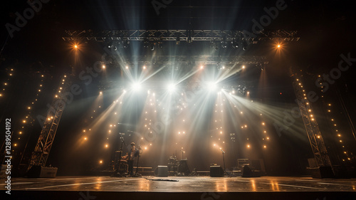 concert stage with spotlights and smoke