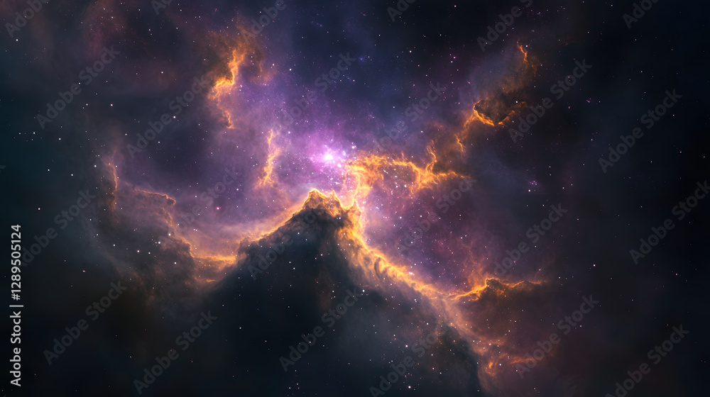 An irregular galaxy with distorted chaotic arms of gas and stars floating near a bright glowing nebula. An irregular galaxy with distorted chaotic arms of gas and stars floating near a bright glowing nebula.