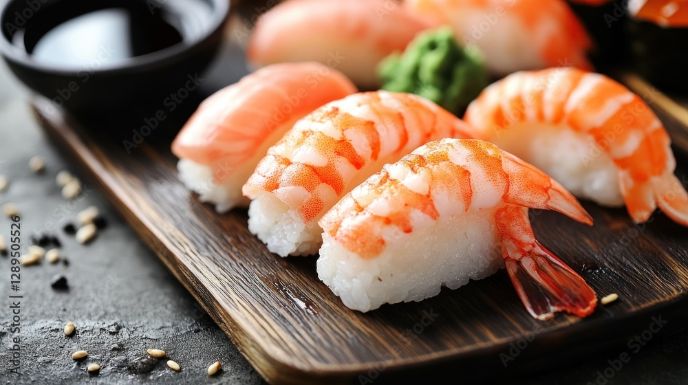 Ebi Nigiri Sushi Platter, Restaurant, Closeup Ebi Nigiri Sushi Platter, Restaurant, Closeup