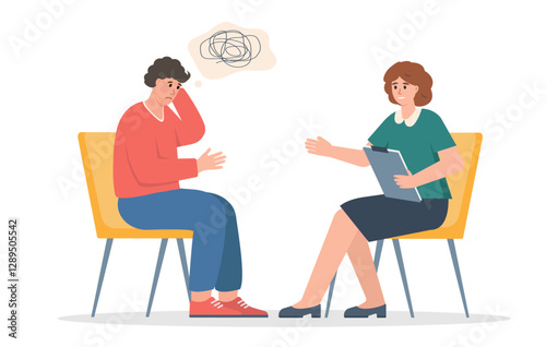 Male patient and female psychologist. Psychotherapy session. Unhappy man talking to psychotherapist. Depression, Stress, Mental health concept. Vector illustration isolated on white background.