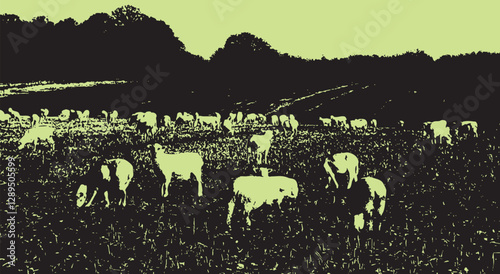 Sheep grazing in field abstract